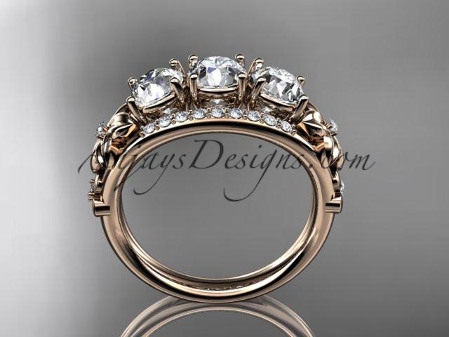 14kt rose gold diamond flower 3 stone Forever One Moissanite wedding ring ADLR203 - AnjaysDesigns