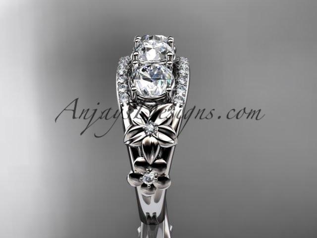 14kt white gold diamond flower 3 stone Forever One Moissanite wedding ring ADLR203 - AnjaysDesigns