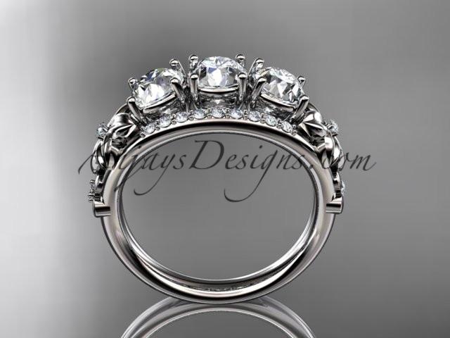 14kt white gold diamond flower 3 stone Forever One Moissanite wedding ring ADLR203 - AnjaysDesigns