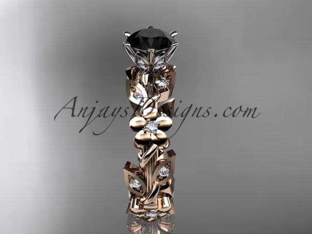 14kt rose gold diamond leaf and vine engagement ring with a Black Diamond center stone ADLR209 - AnjaysDesigns
