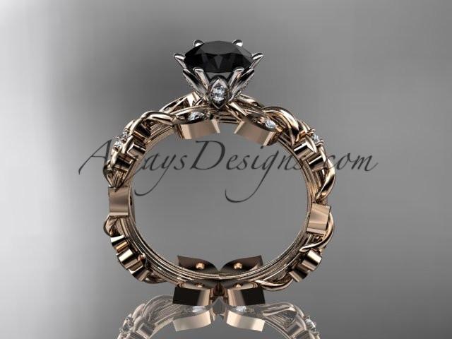 14kt rose gold diamond leaf and vine engagement ring with a Black Diamond center stone ADLR209 - AnjaysDesigns
