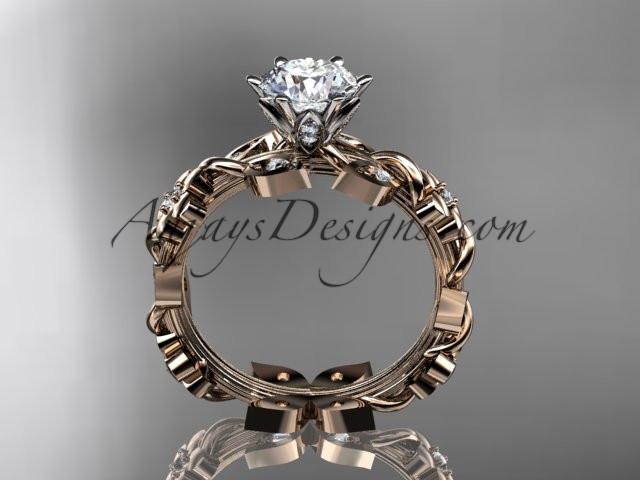 14kt rose gold diamond leaf and vine engagement ring with a "Forever One" Moissanite center stone ADLR209 - AnjaysDesigns