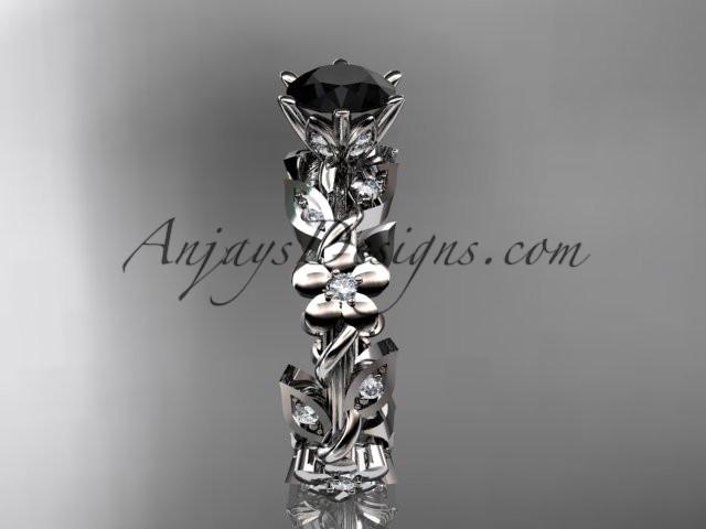 14kt white gold diamond leaf and vine engagement ring with a Black Diamond center stone ADLR209 - AnjaysDesigns