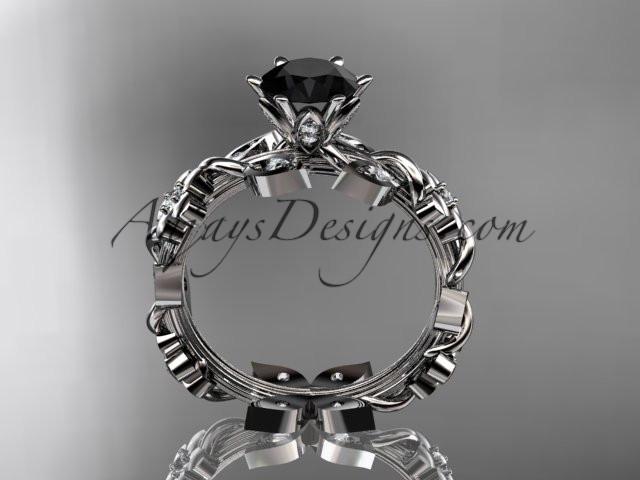 14kt white gold diamond leaf and vine engagement ring with a Black Diamond center stone ADLR209 - AnjaysDesigns