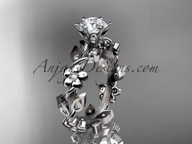 14kt white gold diamond leaf and vine engagement ring with a "Forever One" Moissanite center stone ADLR209 - AnjaysDesigns