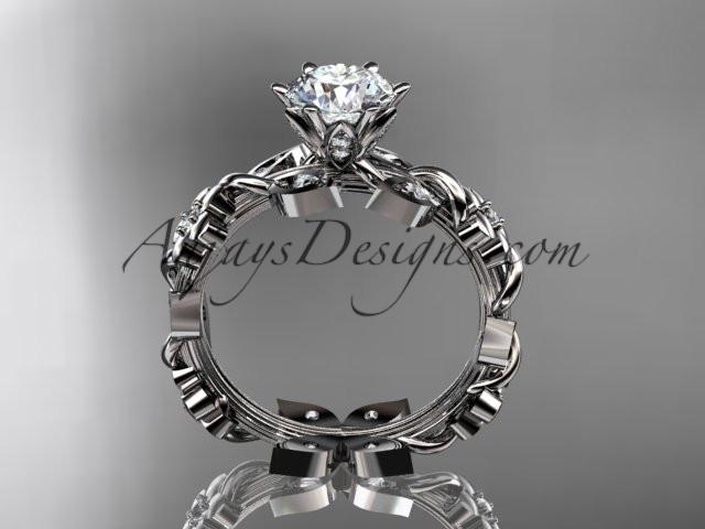 14kt white gold diamond leaf and vine engagement ring with a "Forever One" Moissanite center stone ADLR209 - AnjaysDesigns