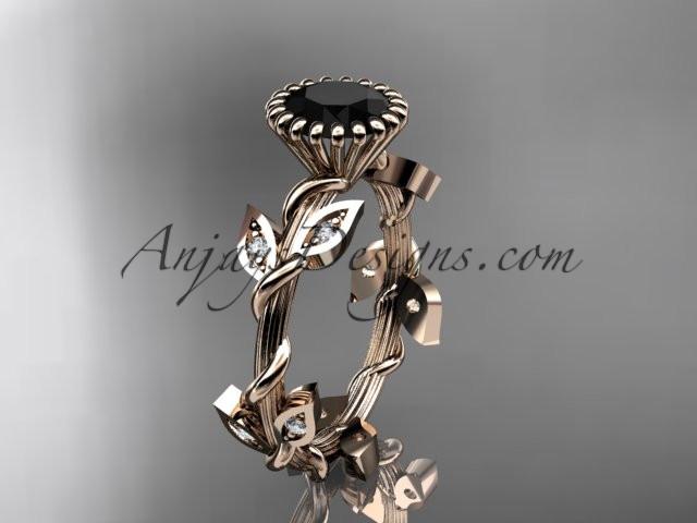 14kt rose gold diamond leaf and vine wedding ring,engagement ring with a Black Diamond center stone ADLR20A - AnjaysDesigns