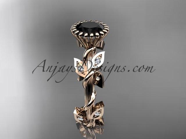 14kt rose gold diamond leaf and vine wedding ring,engagement ring with a Black Diamond center stone ADLR20A - AnjaysDesigns