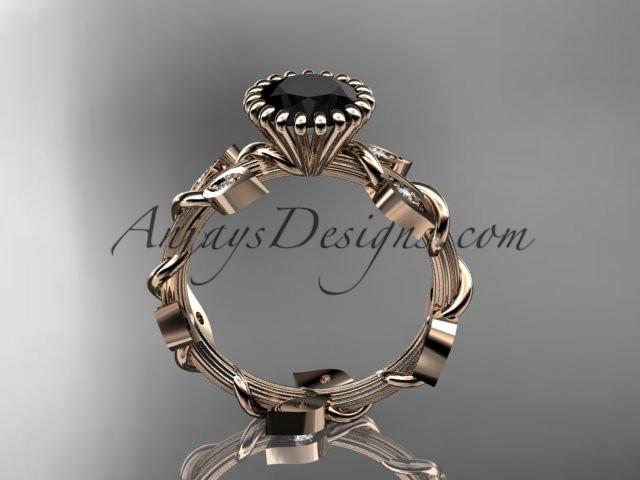 14kt rose gold diamond leaf and vine wedding ring,engagement ring with a Black Diamond center stone ADLR20A - AnjaysDesigns
