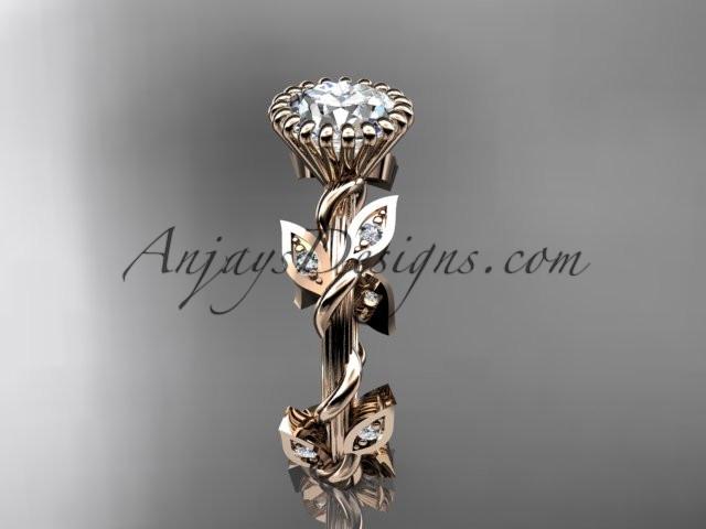 14kt rose gold diamond leaf and vine wedding ring,engagement ring with a "Forever One" Moissanite center stone ADLR20A - AnjaysDesigns