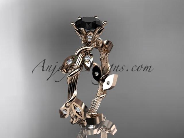 14kt rose gold diamond leaf and vine wedding ring,engagement ring with a Black Diamond center stone ADLR20 - AnjaysDesigns