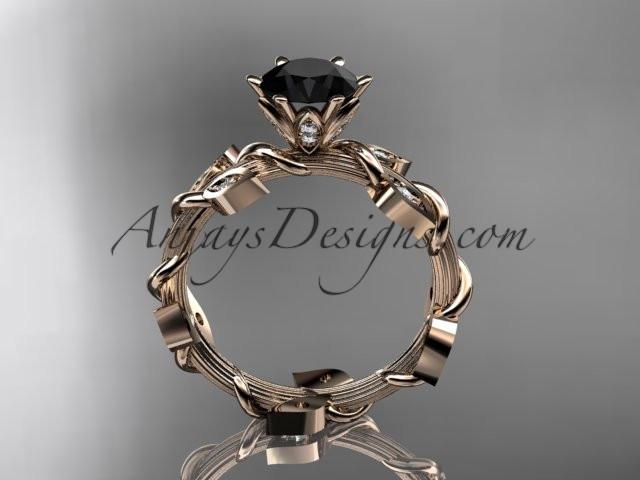 14kt rose gold diamond leaf and vine wedding ring,engagement ring with a Black Diamond center stone ADLR20 - AnjaysDesigns