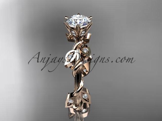 14kt rose gold diamond leaf and vine wedding ring,engagement ring with a "Forever One" Moissanite center stone ADLR20 - AnjaysDesigns