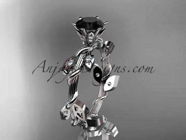 platinum diamond leaf and vine wedding ring,engagement ring with a Black Diamond center stone ADLR20 - AnjaysDesigns
