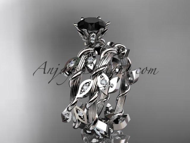 platinum diamond leaf and vine engagement ring, engagement set with a Black Diamond center stone ADLR20S - AnjaysDesigns
