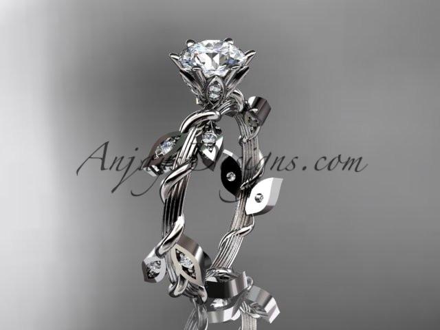 platinum diamond leaf and vine wedding ring,engagement ring with a "Forever One" Moissanite center stone ADLR20 - AnjaysDesigns