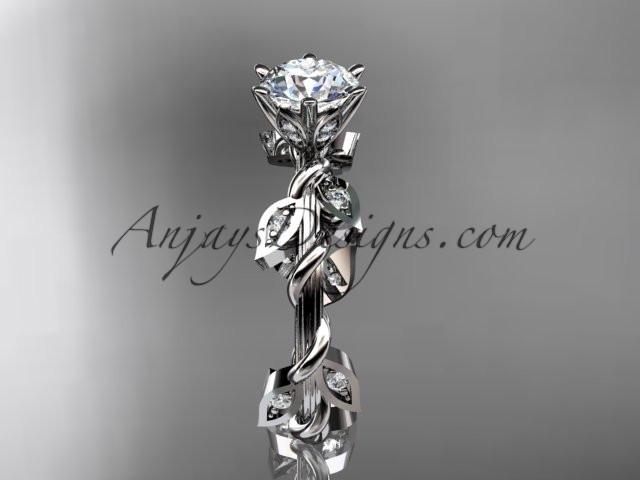 14kt white gold diamond leaf and vine wedding ring,engagement ring with a "Forever One" Moissanite center stone ADLR20 - AnjaysDesigns