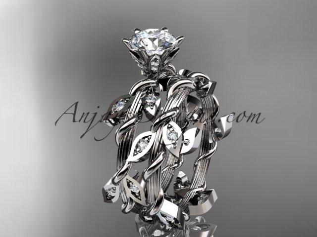 platinum diamond leaf and vine engagement ring, engagement set with a "Forever One" Moissanite center stone ADLR20S - AnjaysDesigns