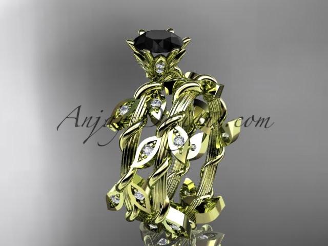 14k yellow gold diamond leaf and vine engagement ring, engagement set with a Black Diamond center stone ADLR20S - AnjaysDesigns