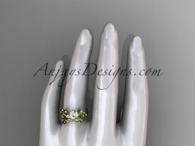 14k yellow gold diamond leaf and vine engagement ring, engagement set with a "Forever One" Moissanite center stone ADLR20S - AnjaysDesigns