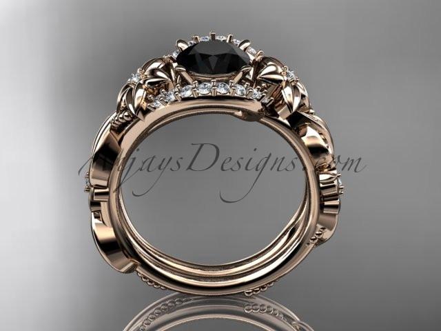 14kt rose gold diamond unique flower, leaf and vine engagement set with a Black Diamond center stone ADLR211 - AnjaysDesigns
