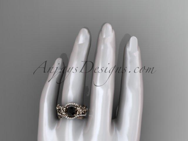 14kt rose gold diamond unique flower, leaf and vine engagement set with a Black Diamond center stone ADLR211 - AnjaysDesigns