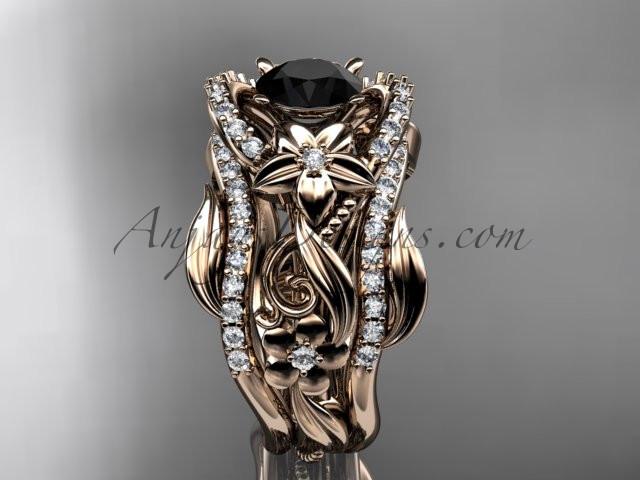 14kt rose gold diamond leaf and vine engagement ring with  Black Diamond center stone and double matching band ADLR211 - AnjaysDesigns
