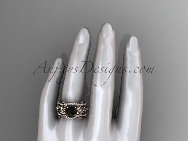 14kt rose gold diamond leaf and vine engagement ring with  Black Diamond center stone and double matching band ADLR211 - AnjaysDesigns