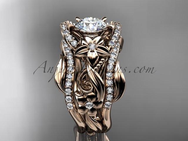 14kt rose gold diamond leaf and vine engagement ring with "Forever One" Moissanite center stone and double matching band ADLR211 - AnjaysDesigns