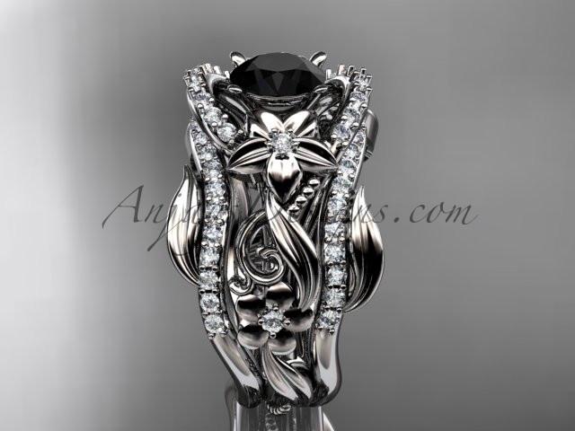 14kt white gold diamond leaf and vine engagement ring with  Black Diamond center stone and double matching band ADLR211 - AnjaysDesigns