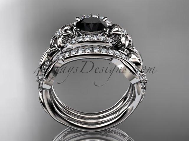 14kt white gold diamond leaf and vine engagement ring with  Black Diamond center stone and double matching band ADLR211 - AnjaysDesigns