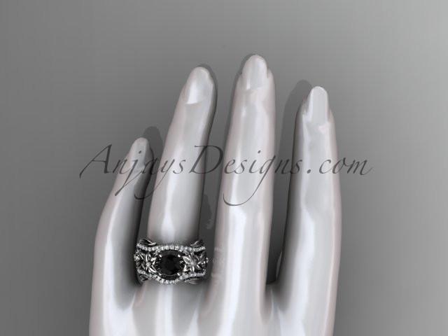 14kt white gold diamond leaf and vine engagement ring with  Black Diamond center stone and double matching band ADLR211 - AnjaysDesigns
