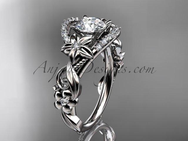 Platinum flower diamond unique engagement ring with a "Forever One" Moissanite center stone ADLR211 - AnjaysDesigns