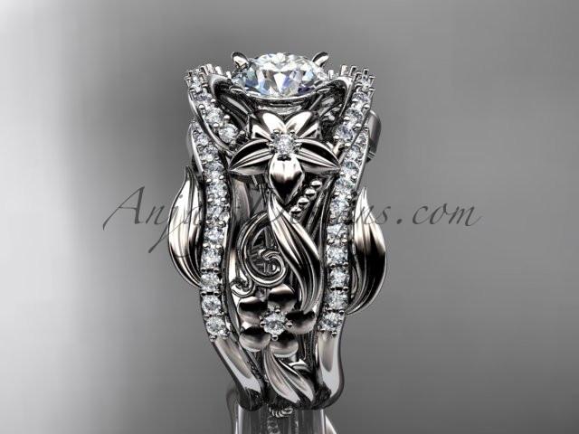 14kt white gold diamond leaf and vine engagement ring with double matching band ADLR211 - AnjaysDesigns