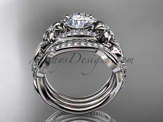 14kt white gold diamond leaf and vine engagement ring with double matching band ADLR211 - AnjaysDesigns