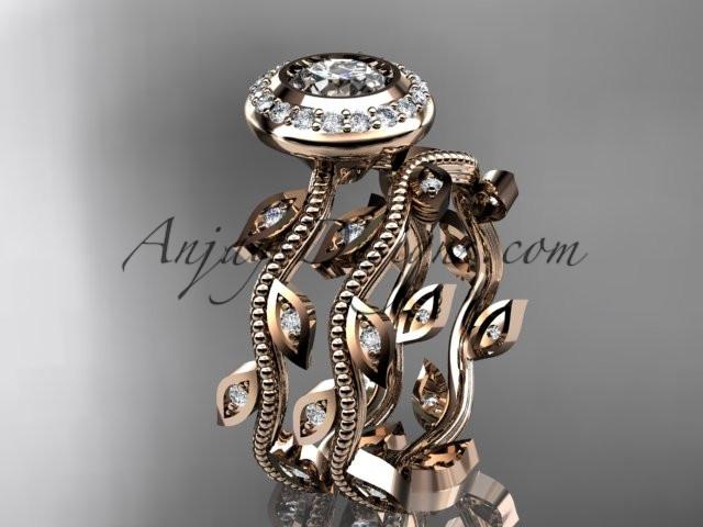 14k rose gold diamond leaf and vine wedding ring, engagement ring, engagement set ADLR212 - AnjaysDesigns, Engagement Sets - Jewelry, Anjays Designs - AnjaysDesigns, AnjaysDesigns - AnjaysDesigns.co, 