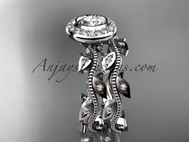 Platinum diamond leaf and vine wedding ring, engagement ring, engagement set with a "Forever One" Moissanite center stone ADLR212S - AnjaysDesigns