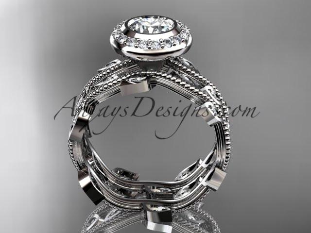 Platinum diamond leaf and vine wedding ring, engagement ring, engagement set with a "Forever One" Moissanite center stone ADLR212S - AnjaysDesigns