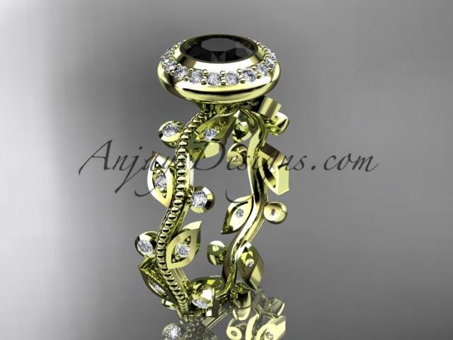 14k yellow gold diamond leaf and vine wedding ring, engagement ring with a Black Diamond center stone ADLR212 - AnjaysDesigns