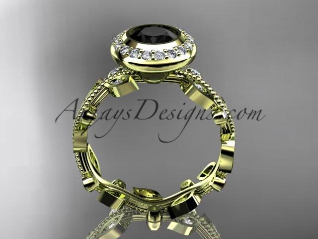 14k yellow gold diamond leaf and vine wedding ring, engagement ring with a Black Diamond center stone ADLR212 - AnjaysDesigns