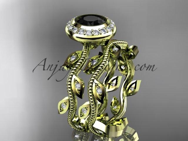 14k yellow gold diamond leaf and vine wedding ring, engagement ring, engagement set with a Black Diamond center stone ADLR212S - AnjaysDesigns