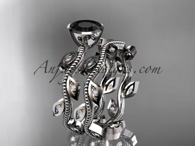 platinum diamond leaf and vine wedding ring, engagement ring, engagement set with a Black Diamond center stone ADLR213S - AnjaysDesigns