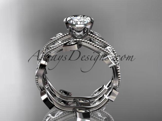 Platinum diamond leaf and vine wedding ring, engagement ring, engagement set with a "Forever One" Moissanite center stone ADLR213S - AnjaysDesigns