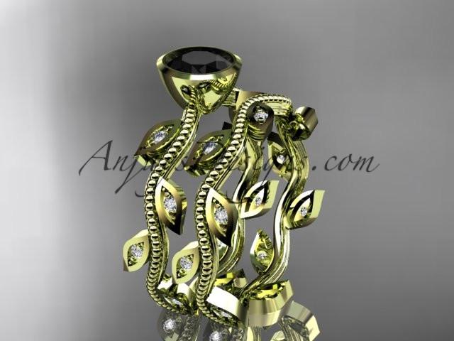 14k yellow gold diamond leaf and vine wedding ring, engagement ring, engagement set with a Black Diamond center stone ADLR213S - AnjaysDesigns