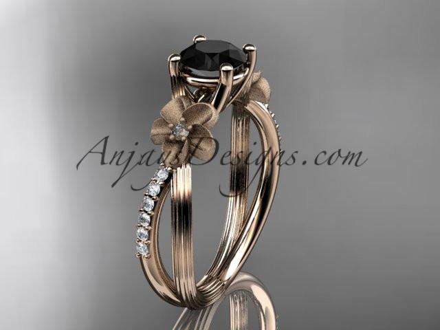 14kt rose gold diamond leaf and vine wedding ring, engagement ring with a Black Diamond center stone ADLR214 - AnjaysDesigns