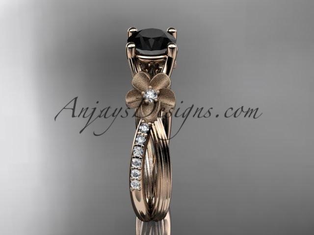 14kt rose gold diamond leaf and vine wedding ring, engagement ring with a Black Diamond center stone ADLR214 - AnjaysDesigns