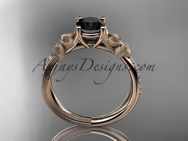 14kt rose gold diamond leaf and vine wedding ring, engagement ring with a Black Diamond center stone ADLR214 - AnjaysDesigns