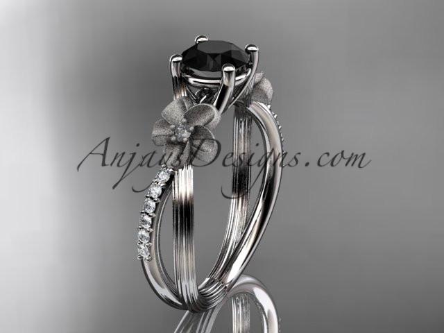 platinum diamond leaf and vine wedding ring, engagement ring with a Black Diamond center stone ADLR214 - AnjaysDesigns