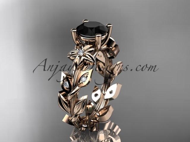 14k rose gold diamond floral leaf and vine wedding ring, engagement ring with a Black Diamond center stone ADLR215 - AnjaysDesigns, Black Diamond Engagement Rings - Jewelry, Anjays Designs - AnjaysDesigns, AnjaysDesigns - AnjaysDesigns.co, 