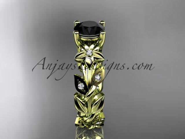14k yellow gold diamond floral leaf and vine wedding ring, engagement ring with a Black Diamond center stone ADLR215 - AnjaysDesigns